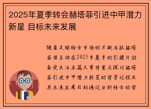 2025年夏季转会赫塔菲引进中甲潜力新星 目标未来发展